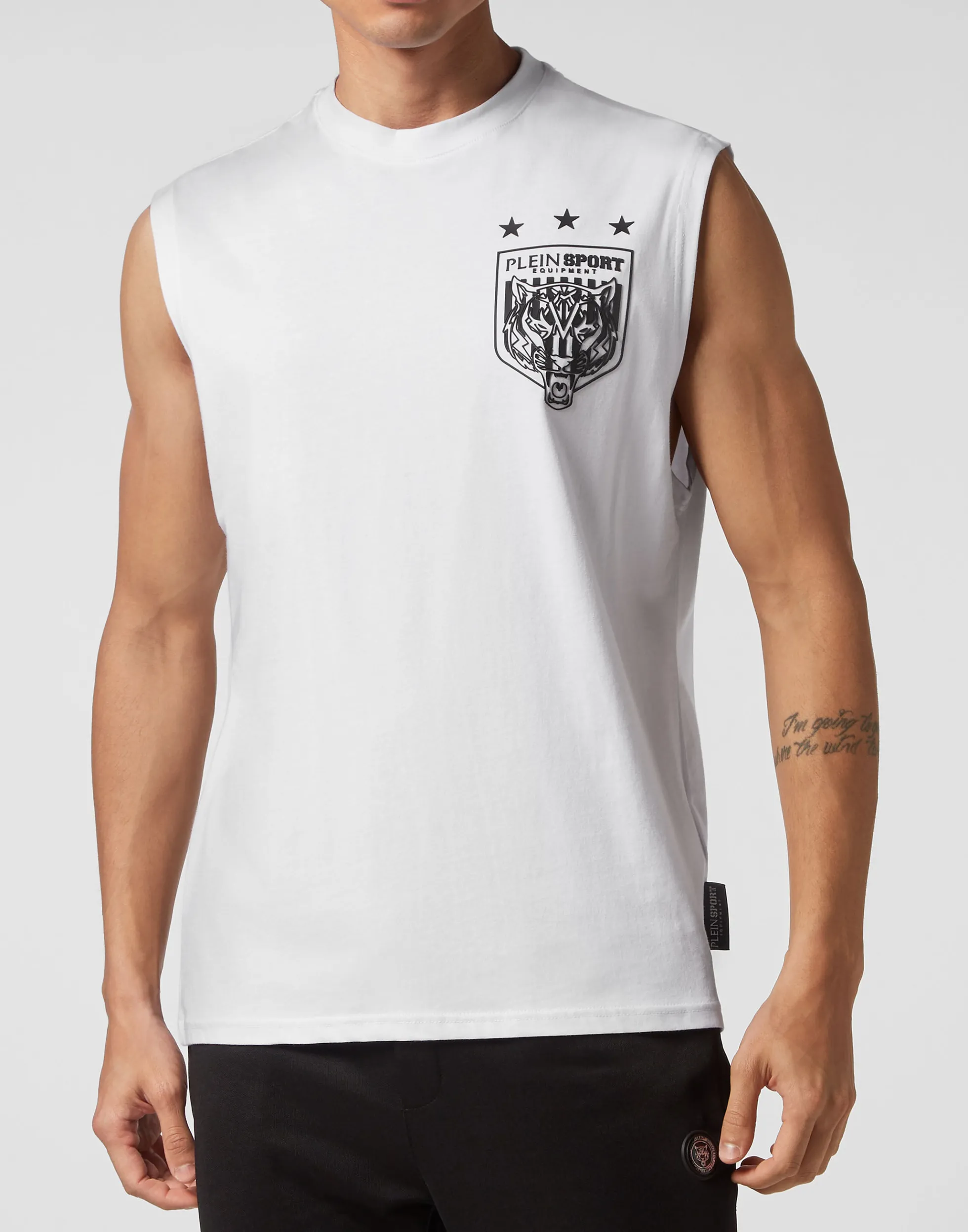 Men Plein Sport Sleeveless T-Shirt Round Neck Tiger Crest Edition